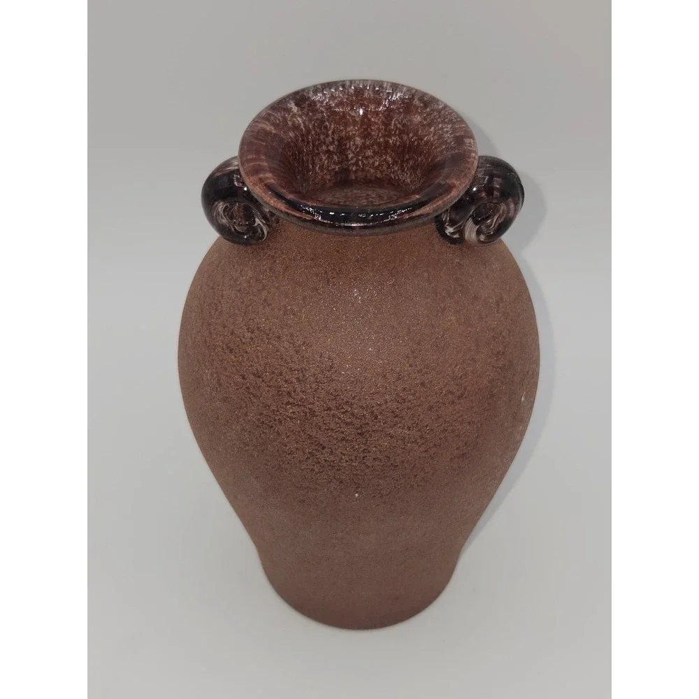 Vintage Art Glass Amphora Vase Brown Satin Finish Applied Scroll Handles